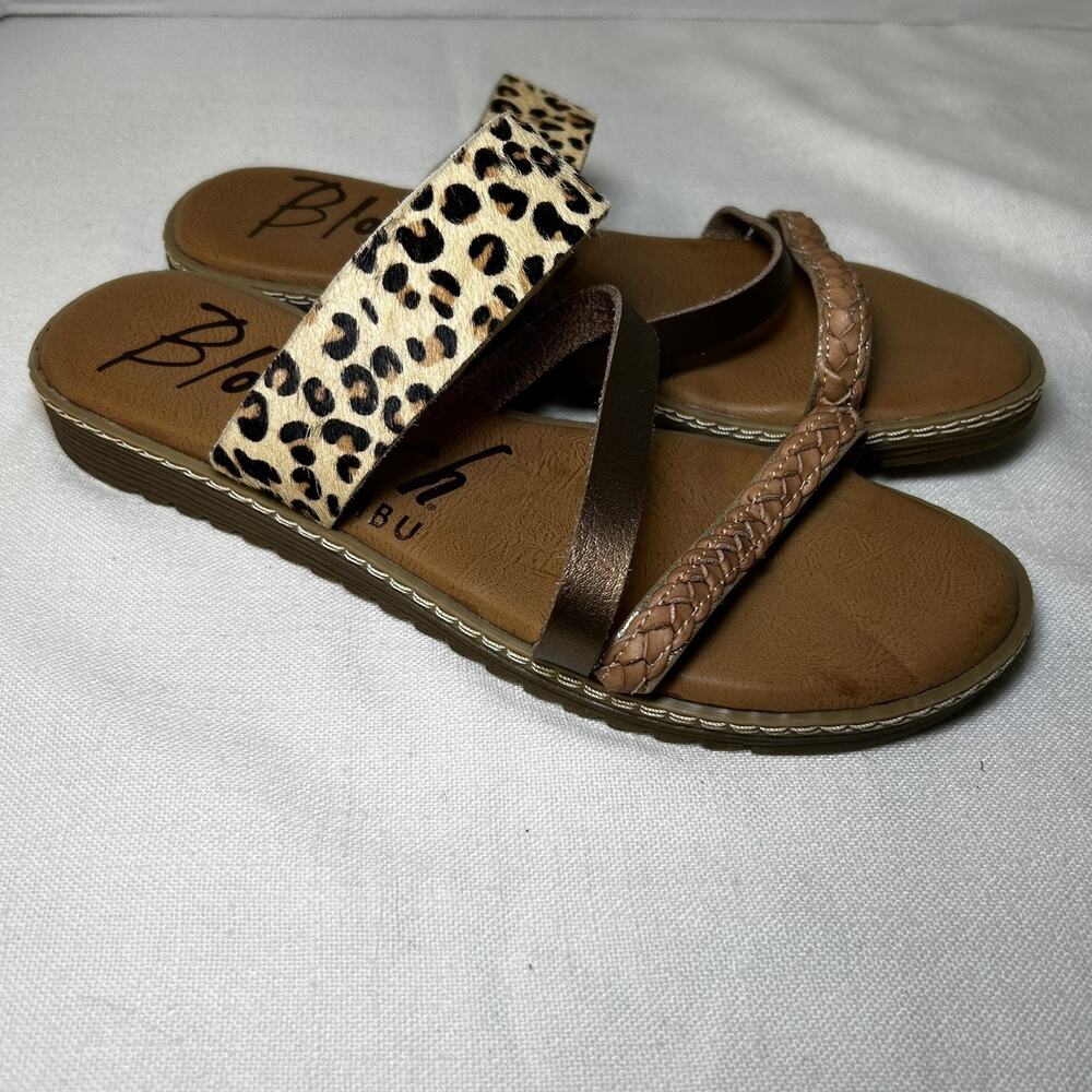 Blowfish Sandals Size 8.5 Otsi Strappy Braided Tan Brown Faux Cow Hair‎ Leather